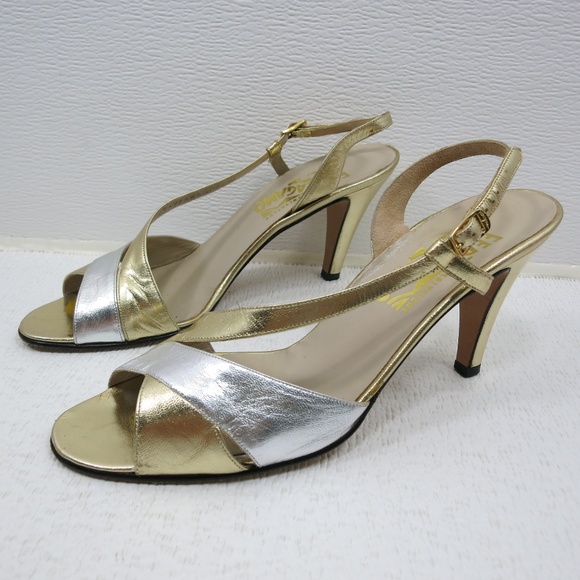 Salvatore Ferragamo Gold Silver Leather Heels 7.5 - Picture 1 of 6